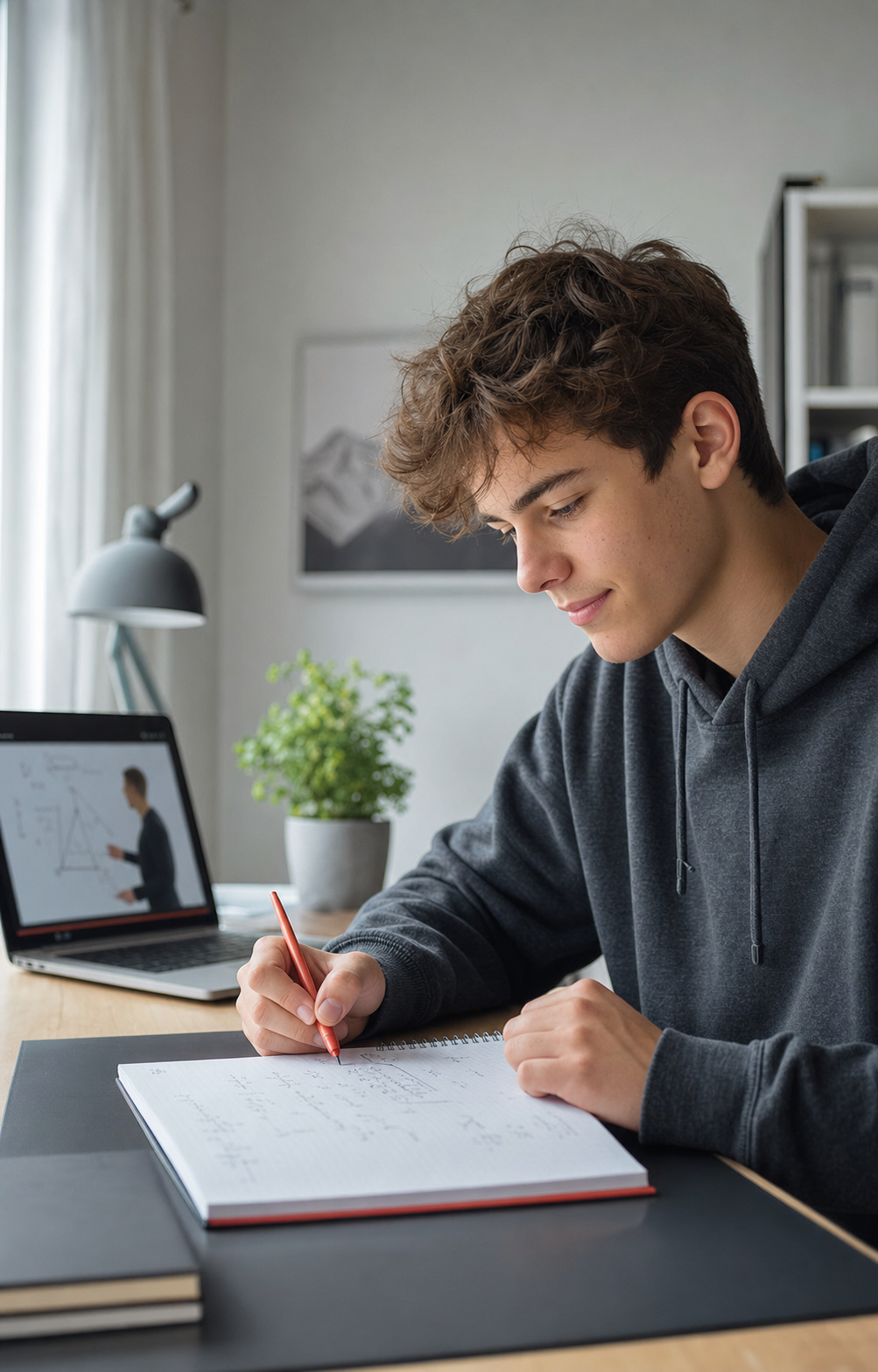 Uczeń podczas skupionej lekcji matematyki online